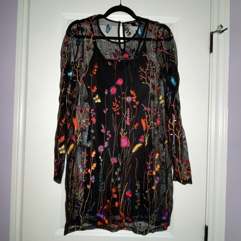 Floral embroidered black slip dress NWOT